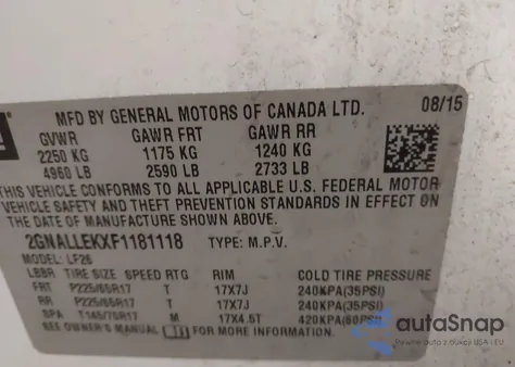 2015 Chevrolet Equinox L из США, поврежденный, VIN 2GNALLEKXF1181118